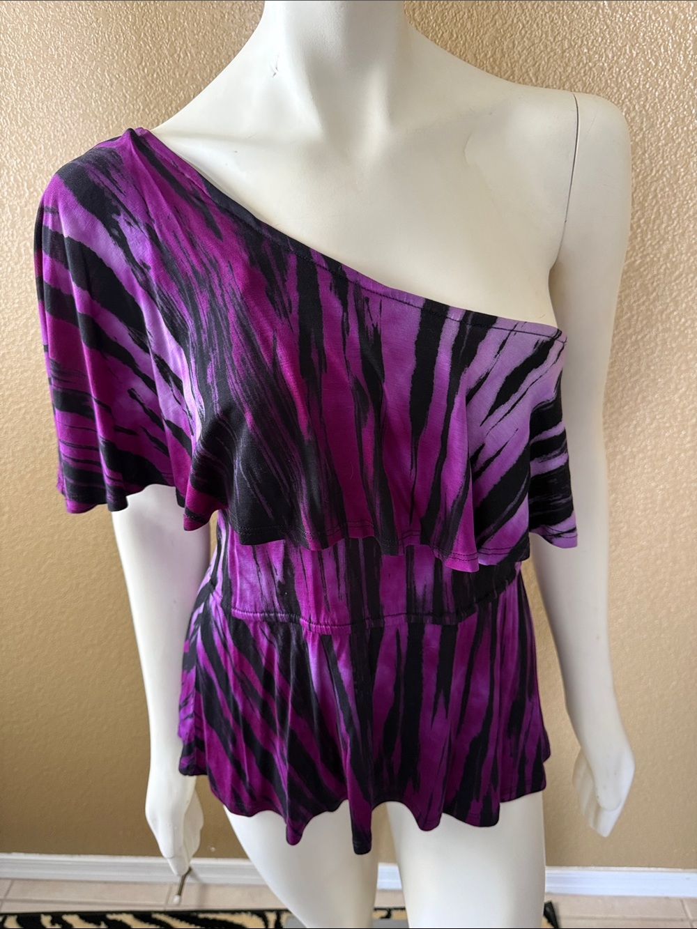 Maje Purple and Black One-Shoulder Peplum Tunic